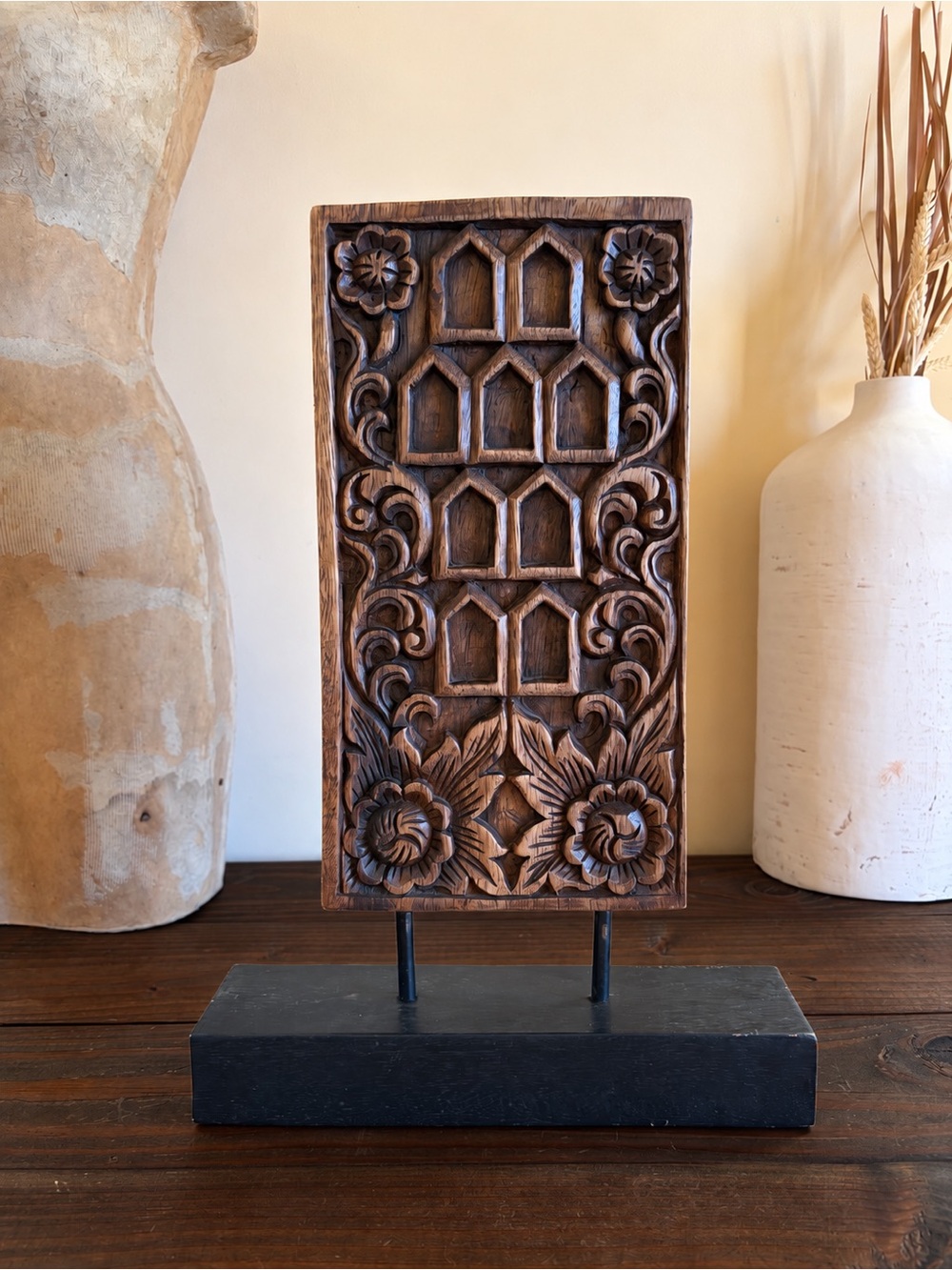 Vtg Hand Carved Wood Floral Architectural Panel Sculpture on Stand Thailand